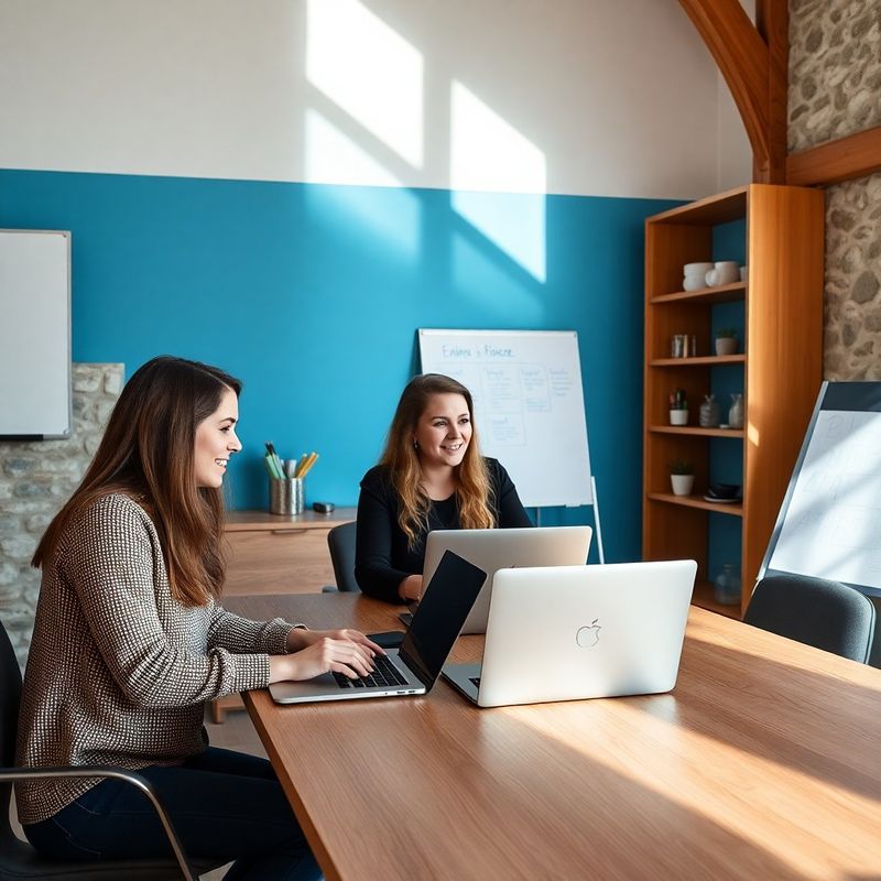 Trije člani ekipe Dober Delavnica pri delu v svetlem co-working prostoru z azurno steno